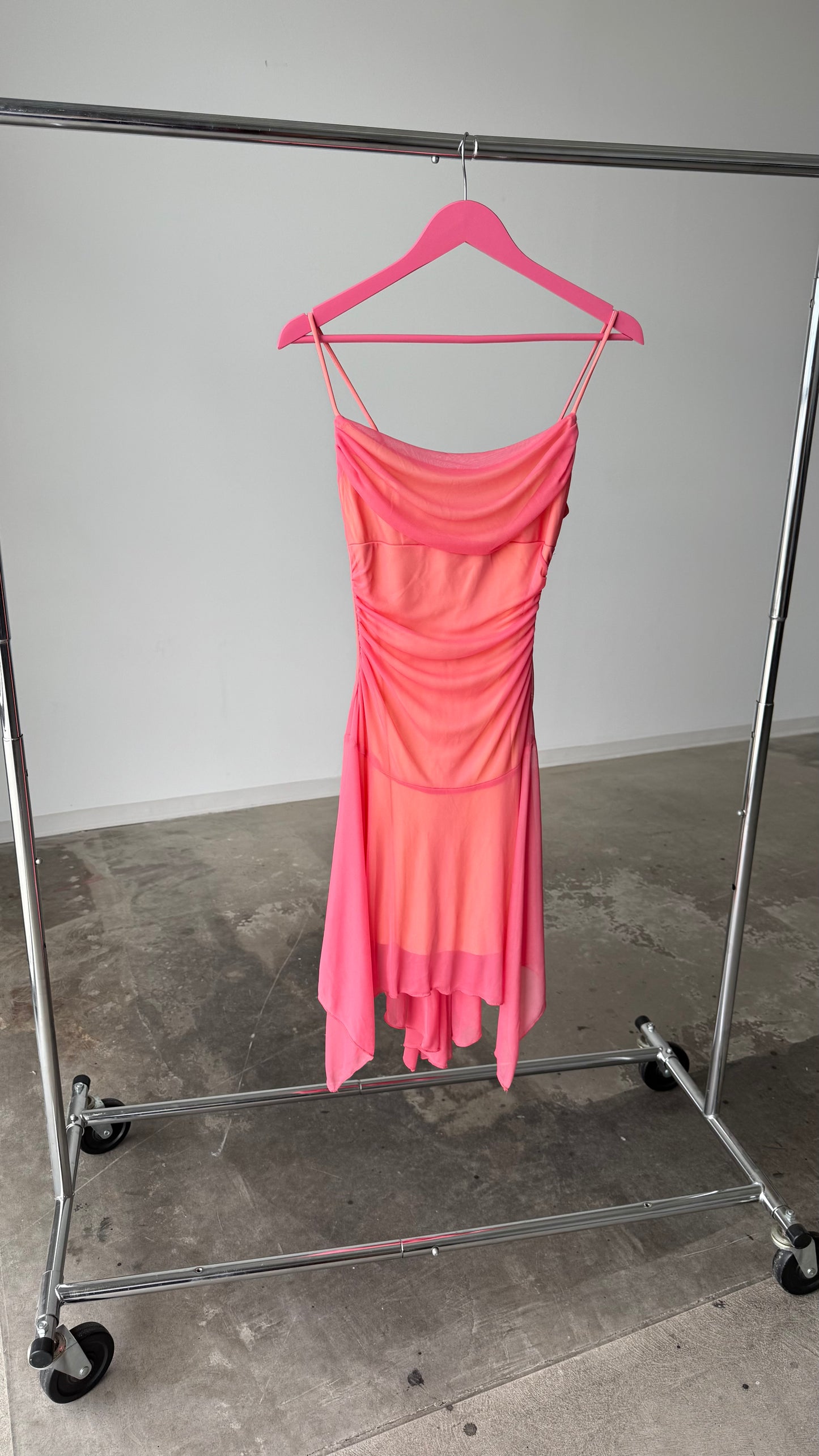 City Triangles Y2K Cowl Neck Dress – Hot Pink with Bold Orange Lining