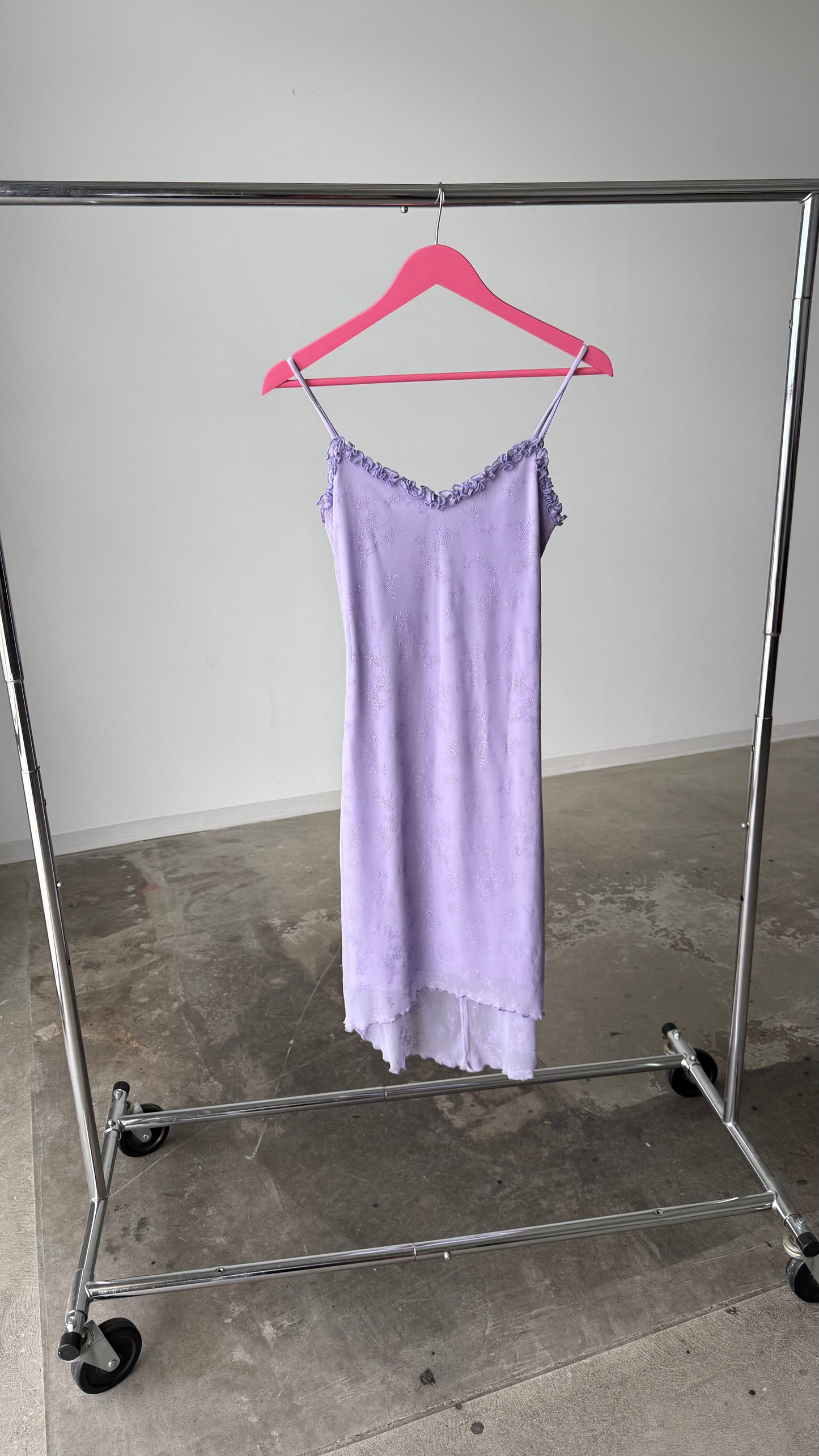 Finesse Y2K Lavender Slip Dress – Ruffle Trim & Floral Embroidery