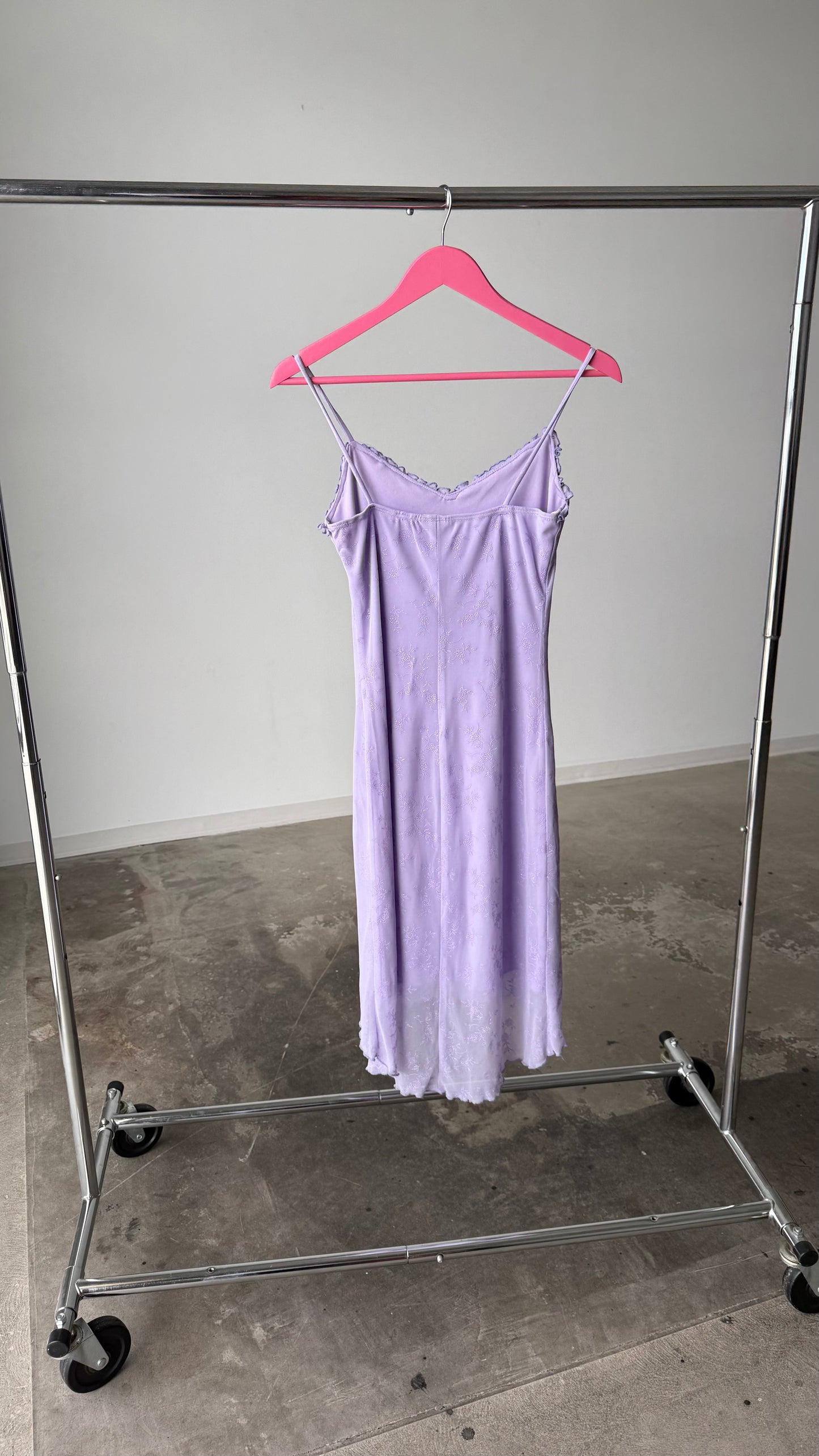 Finesse Y2K Lavender Slip Dress – Ruffle Trim & Floral Embroidery