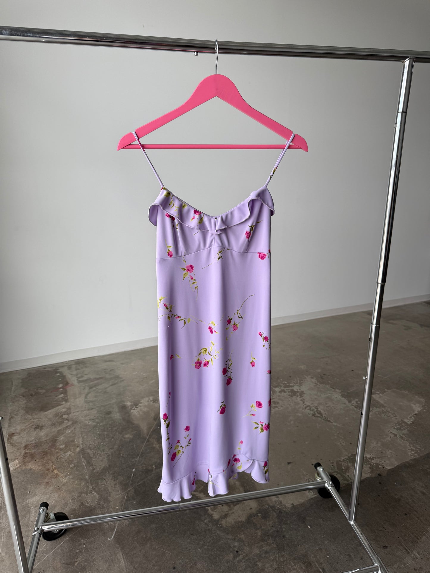 City Triangles Y2K Lilac Slip Dress – Floral & Ruffle Trim