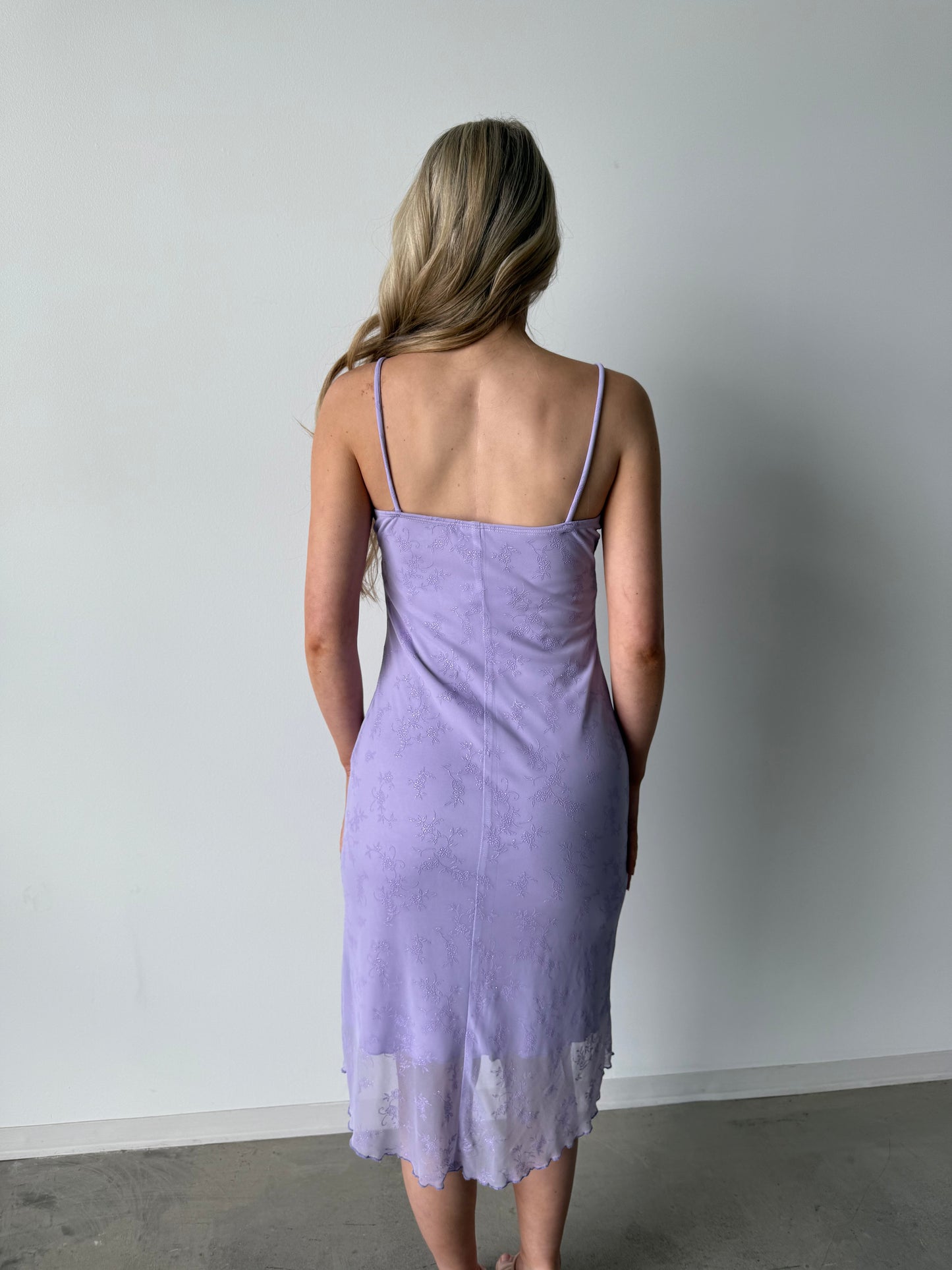 Finesse Y2K Lavender Slip Dress – Ruffle Trim & Floral Embroidery