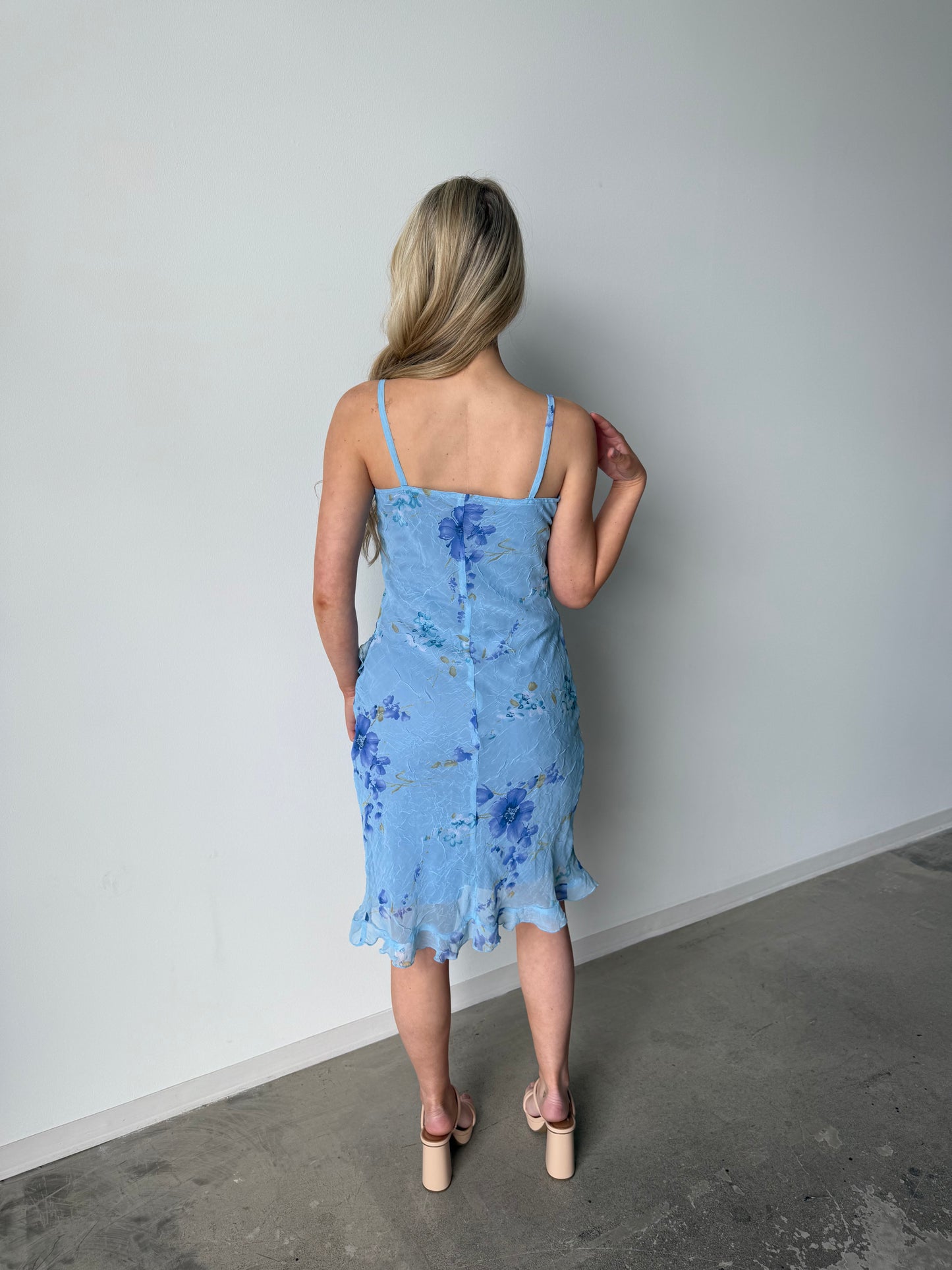 La Belle Vintage Y2K Blue Floral Ruffle Slip Dress
