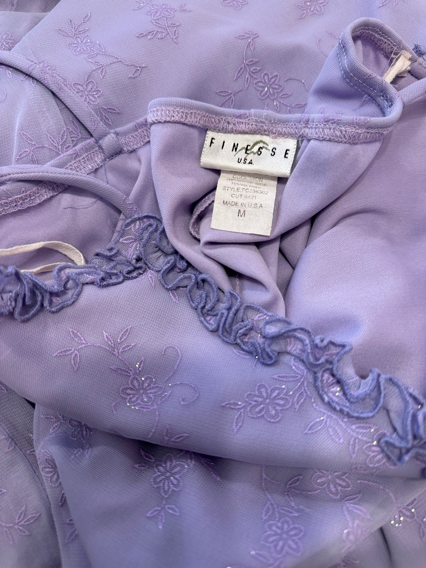 Finesse Y2K Lavender Slip Dress – Ruffle Trim & Floral Embroidery
