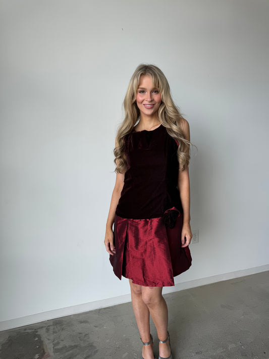 Y2K Burgundy Velvet Drop Waist Dress